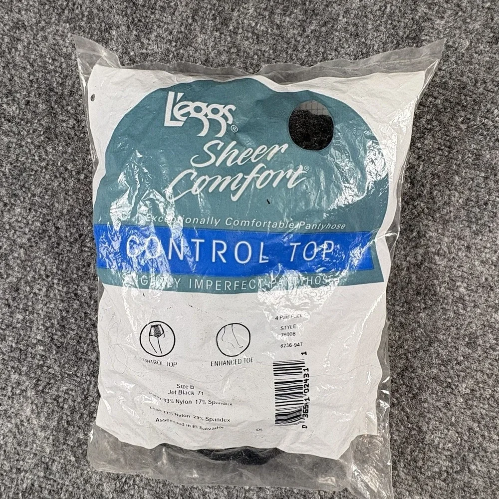 Vintage Y2K L'eggs Sheer Comfort Control Top Pantyhose Size B Jet Black 4 Pair